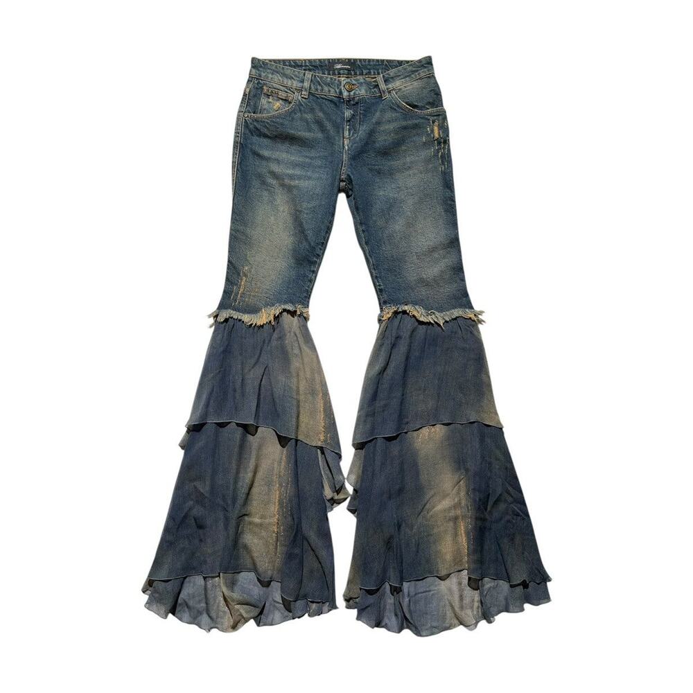 $3,098 chiffon ruffled flared jeans